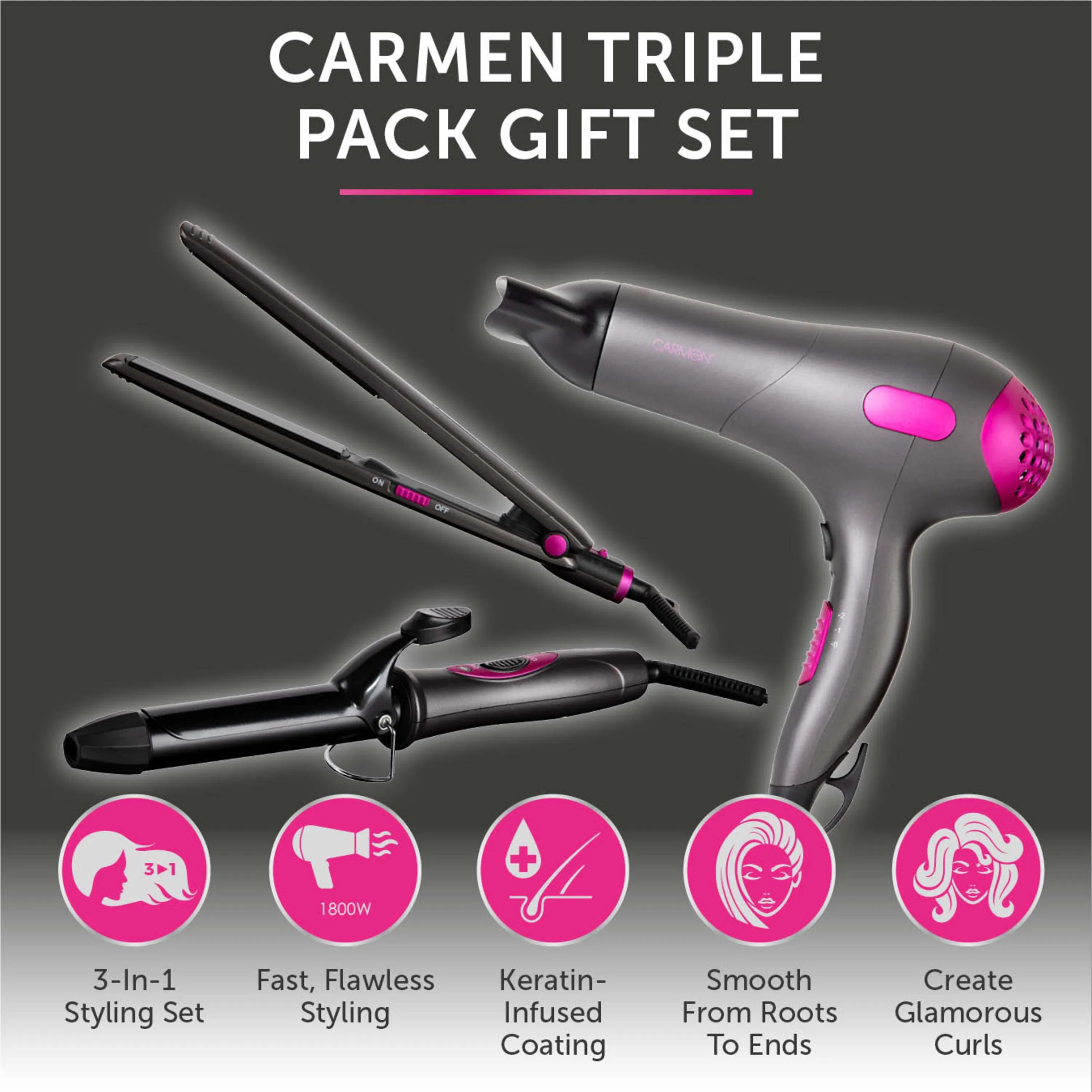 Carmen Hairdryer   Curler   Straightener 3 Piece Set
